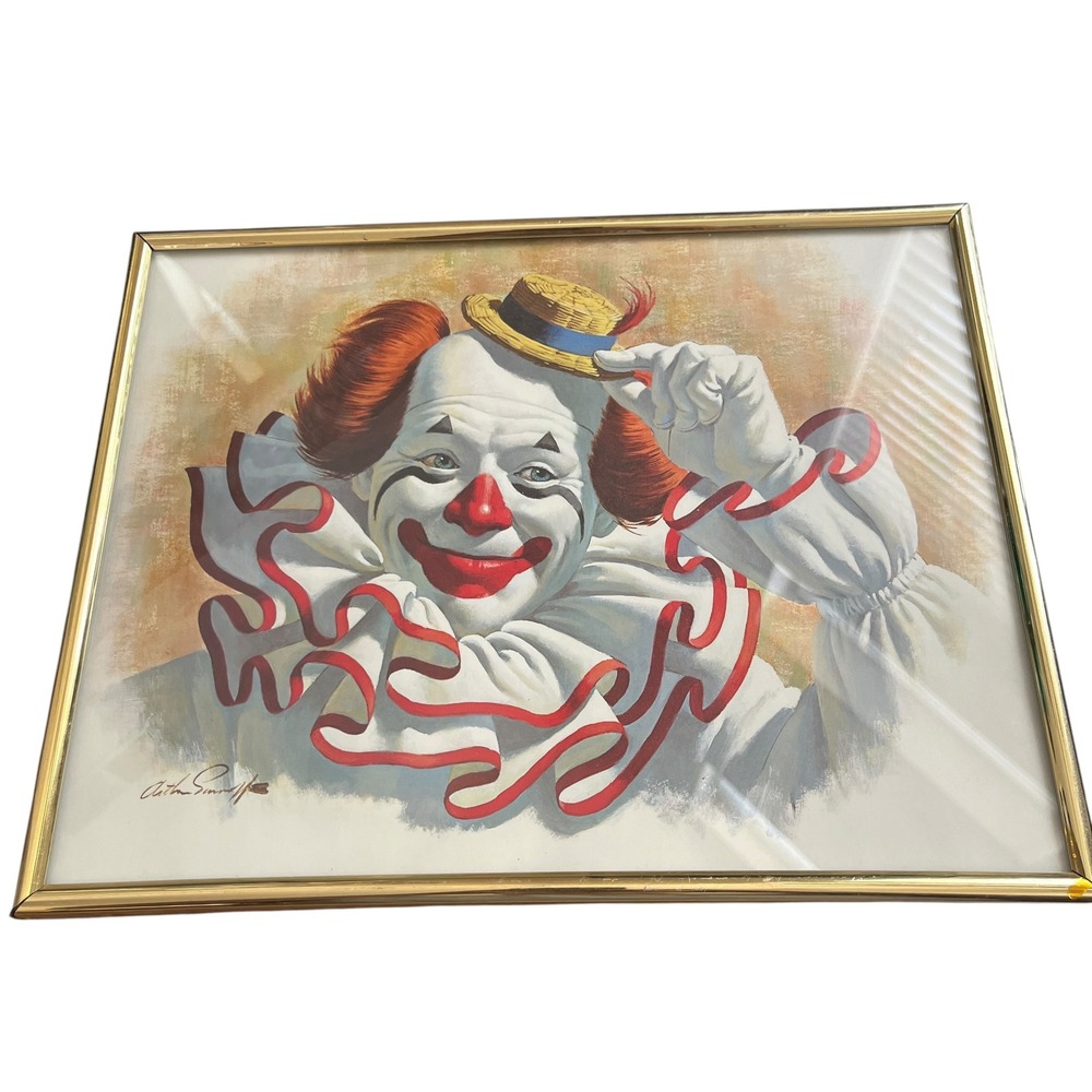 Vintage Arthur Sarnoff Clown Framed Lithograph Print 11x14 Gold Tone Signed
